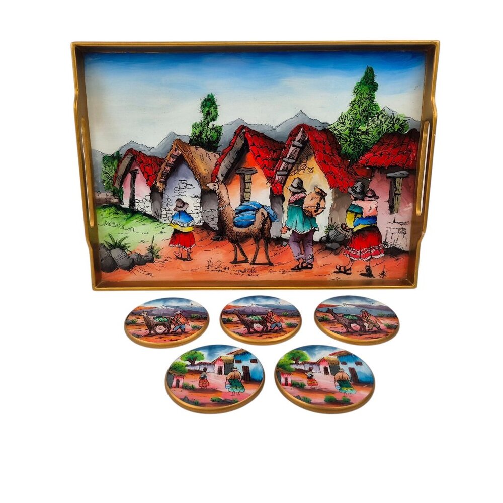Wooden Serving Tray with 5 Coasters Peruvian Village Reverse Painted Folk Art